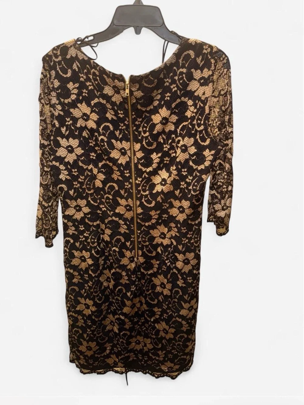 Gibson Latimer Black and Gold Floral Lace Long Sleeve Sheath Dress